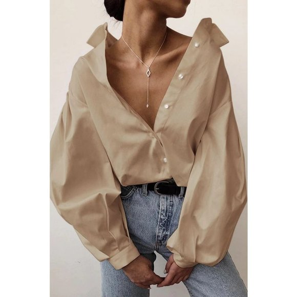 Solid Color Lapel Puff Sleeve Blouses - Picture 7 of 7